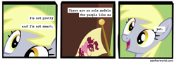 Size: 720x261 | Tagged: safe, edit, edited screencap, screencap, derpy hooves, rainbow falls, a softer world, blatant lies, comic, ponyville flag, screencap comic, smiling, text