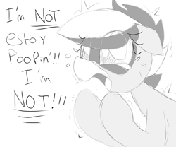 Size: 1200x1000 | Tagged: safe, artist:datte-before-dawn, oc, oc only, oc:bandy cyoot, hybrid, pony, raccoon, raccoon pony, crying, dialogue, eye clipping through hair, female, mare, monochrome, open mouth, shaking, solo