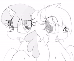Size: 2400x2000 | Tagged: safe, artist:datte-before-dawn, oc, oc only, oc:righty tighty, earth pony, pony, unicorn, duo, eye clipping through hair, female, horn, mare, monochrome, one eye closed, open mouth, wink