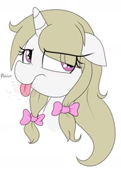 Size: 1053x1512 | Tagged: safe, artist:datte-before-dawn, oc, oc only, oc:cherry blossom, pony, unicorn, blushing, bow, bust, female, hair bow, horn, looking away, mare, portrait, raspberry, solo, tongue, tongue out