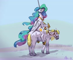 Size: 4096x3398 | Tagged: safe, artist:alumx, derpibooru import, princess celestia, alicorn, horse, pony, butt, eyes closed, female, high res, hoof hold, horse riding a horse, majestic as fuck, mare, plot, ponies riding horses, reins, riding, smiling