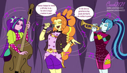 Size: 1173x681 | Tagged: safe, artist:crock2121, derpibooru import, adagio dazzle, aria blaze, sonata dusk, human, better together, equestria girls, double bass, female, microphone, music festival outfit, music notes, musical instrument, singing, spanish, translation request, trio, trumpet