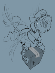 Size: 1298x1726 | Tagged: safe, artist:alumx, derpibooru import, oc, oc only, pegasus, pony, amputee, blue background, box, cap, carrying, flying, hat, mailpony, monochrome, package, prosthetic leg, prosthetic limb, prosthetics, simple background, sketch, solo