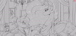 Size: 2163x1027 | Tagged: safe, artist:thelunarmoon, derpibooru import, princess celestia, twilight sparkle, oc, pony, clothes, dress, sketch, traditional art