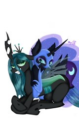 Size: 1275x1997 | Tagged: safe, artist:4agonism, derpibooru import, nightmare moon, queen chrysalis, alicorn, changeling, changeling queen, pony, antagonist, chrysmoon, crossed arms, cuddling, duo, evil grin, female, folded wings, grin, horn, jewelry, lesbian, lying down, on top, prone, regalia, shipping, signature, simple background, smiling, white background, wings