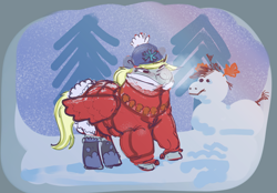 Size: 5879x4091 | Tagged: safe, artist:alumx, derpibooru import, derpy hooves, pegasus, pony, absurd file size, absurd resolution, clothes, coat, cute, derpabetes, female, hat, mare, smiling, snowpony, solo, winter outfit