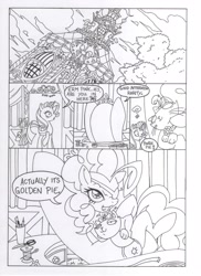 Size: 2544x3504 | Tagged: safe, artist:mohawkrex, derpibooru import, opalescence, pinkie pie, rarity, earth pony, pony, unicorn, comic:a piece of pie, black and white, carousel boutique, comic, eyepatch, female, golden pie, goldeneye, grayscale, mare, monochrome, pun, punny name, sitting, traditional art