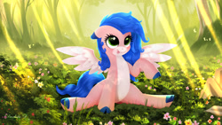 Size: 2400x1350 | Tagged: safe, artist:darksly, derpibooru import, oc, oc only, butterfly, pegasus, pony, cloven hooves, crepuscular rays, flower, forest, pale belly, raised hoof, raised leg, solo