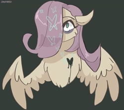 Size: 2048x1820 | Tagged: safe, artist:dmitrymemovznok, derpibooru import, fluttershy, pegasus, pony, bags under eyes, bust, chest fluff, hair over one eye, heart, solo, spread wings, wings