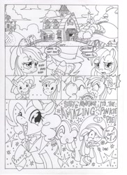 Size: 2544x3504 | Tagged: safe, artist:mohawkrex, derpibooru import, applejack, pinkie pie, earth pony, pony, comic:a piece of pie, ..., applejack is not amused, barn, black and white, candy, clothes, comic, coughing, duo, eyes closed, female, food, grayscale, grin, hat, high res, huff, interrupted, kiss on the lips, kissing, mare, monochrome, not shipping, onomatopoeia, open mouth, open smile, personal space invasion, shrunken pupils, smiling, smooch, sound effects, stars, surprise kiss, sweet apple acres, the amazing pinkie pie, tongue, tongue out, top hat, traditional art, tuxedo, unamused