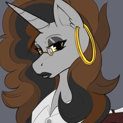 Size: 4000x4000 | Tagged: safe, artist:aerospine, derpibooru import, pony, unicorn, bust, clothes, ear piercing, earring, female, gift art, glasses, jewelry, lips, lipstick, mare, piercing, portrait