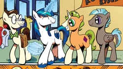 Size: 1334x750 | Tagged: safe, artist:andypriceart, derpibooru import, idw, 8-bit (character), gaffer, gizmo, shining armor, earth pony, pegasus, pony, unicorn, g4, neigh anything, spoiler:comic, spoiler:comic11, cropped, group, male, quartet, stallion, younger