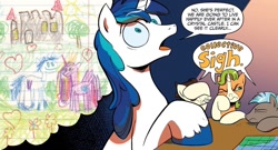 Size: 1334x720 | Tagged: safe, artist:andypriceart, derpibooru import, idw, 8-bit (character), gaffer, gizmo, shining armor, earth pony, pegasus, pony, unicorn, g4, neigh anything, spoiler:comic, spoiler:comic11, crayon drawing, dialogue, group, male, quartet, speech bubble, stallion, thought bubble, traditional art, younger