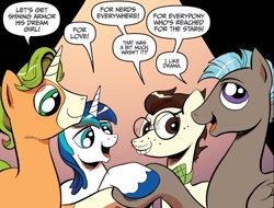 Size: 985x750 | Tagged: safe, artist:andypriceart, derpibooru import, idw, 8-bit (character), gaffer, gizmo, shining armor, earth pony, pegasus, pony, unicorn, g4, neigh anything, spoiler:comic, spoiler:comic11, dialogue, group, male, quartet, speech bubble, stallion, younger