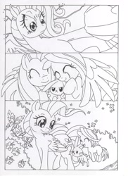 Size: 2544x3504 | Tagged: safe, artist:mohawkrex, derpibooru import, angel bunny, fluttershy, pinkie pie, earth pony, pegasus, pony, comic:a piece of pie, alternate hairstyle, black and white, choker, comic, female, filly, filly pinkie pie, foal, grayscale, mare, monochrome, pinkamena diane pie, traditional art, trio, younger