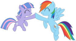 Size: 3104x1684 | Tagged: safe, artist:bomberchif, artist:twilyisbestpone, derpibooru import, rainbow dash, wind sprint, pegasus, pony, ^^, base used, cute, dashabetes, duo, duo female, eyes closed, female, filly, flying, foal, hoofbump, mare, missing freckles, simple background, smiling, spread wings, sprintabetes, transparent background, wings