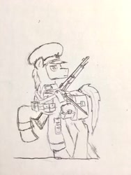 Size: 1080x1440 | Tagged: safe, artist:bright banner, derpibooru import, oc, oc only, oc:bright banner, pony, clothes, gun, male, monochrome, pencil drawing, rifle, soldier, solo, traditional art, uniform, weapon