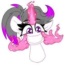 Size: 1770x1786 | Tagged: safe, artist:nekro-led, derpibooru import, oc, oc only, oc:hazel radiate, pony, unicorn, bust, commission, commissioner:biohazard, cute, ear fluff, ears, eyebrows, eyebrows visible through hair, eyelashes, glowing, glowing horn, hand, highlights, horn, magic, magic hands, ponytail, portrait, purple eyes, simple background, smiling, transparent background, unicorn oc, wingding eyes, ych result