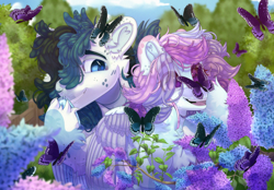 Size: 3870x2700 | Tagged: safe, artist:medkit, derpibooru import, oc, oc only, butterfly, insect, pegasus, pony, big eyes, blue sky, cloud, complex background, duo, eyes open, female, fence, flower, garden, giggling, grass, hair over one eye, happy, high res, hoof on cheek, hoof over mouth, hug, insect on ear, insect on flower, insect on nose, leaves, lilac, male, mare, open mouth, paint tool sai 2, pair, raised hoof, raised leg, scrunchie, smiling, speedpaint, spread wings, stallion, tail, tree, wings, wondering