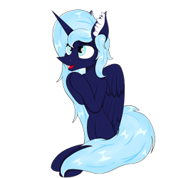 Size: 1890x1890 | Tagged: artist needed, safe, derpibooru import, oc, oc only, oc:fancy galaxy, alicorn, pony, 2023 community collab, alicorn oc, derpibooru community collaboration, eyebrows, female, folded wings, hooves together, horn, mare, open mouth, open smile, simple background, sitting, smiling, solo, transparent background, wings