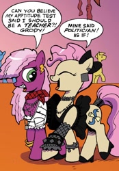 Size: 750x1078 | Tagged: safe, artist:andypriceart, derpibooru import, idw, cheerilee, mayor mare, earth pony, pony, g4, neigh anything, spoiler:comic, spoiler:comic12, bow, braces, clothes, cropped, dialogue, dress, duo focus, ear piercing, earring, female, fishnet stockings, flashback, funny background event, hair bow, high heels, ironic, jewelry, mare, necklace, non-dyed mayor, piercing, shoes, speech bubble, younger