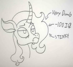 Size: 1375x1265 | Tagged: safe, artist:spoopygirl, derpibooru import, oleander, unicorn, them's fightin' herds, community related, female, lineart, slander, text, traditional art