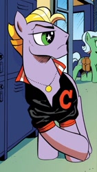 Size: 750x1334 | Tagged: safe, artist:andypriceart, derpibooru import, idw, buck withers, earth pony, pony, g4, neigh anything, spoiler:comic, spoiler:comic11, chad, clothes, cropped, jacket, jewelry, male, necklace, solo focus, stallion, starry eyes, wingding eyes