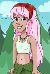 Size: 738x1080 | Tagged: safe, artist:ocean lover, derpibooru import, raspberry lilac, bird, equestria girls, background human, bandana, bare midriff, bare shoulders, beautiful, belly button, clothes, cloud, female, forest, green eyes, human coloration, jacket, jewelry, lips, long hair, midriff, necklace, outdoors, pink hair, pretty, shiny skin, sky, smiling, solo, tanktop, tree