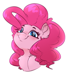 Size: 1600x1792 | Tagged: safe, artist:witchtaunter, derpibooru import, pinkie pie, earth pony, pony, g4, blushing, bust, chest fluff, cute, ear fluff, ears, eye clipping through hair, looking at you, portrait, simple background, solo, white background