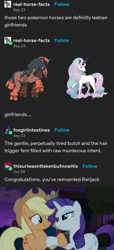 Size: 283x621 | Tagged: safe, derpibooru import, screencap, applejack, rarity, earth pony, pony, unicorn, applejack's hat, bedroom eyes, clothes, cowboy hat, crossover, female, galarian ponyta, galarian rapidash, hat, holding hooves, lesbian, meme, mudsdale, pokémon, ponyta, rapidash, rarijack, shipping, tree, tumblr