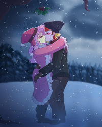Size: 2000x2500 | Tagged: safe, artist:lionbun, derpibooru import, fluttershy, oc, oc:lucky charm, human, blushing, canon x oc, clothes, commission, couple, female, hug, humanized, kiss on the lips, kissing, male, mistleholly, mistletoe, snow, snowfall, wholesome, winter, winter outfit
