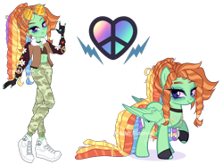 Size: 5589x4136 | Tagged: safe, artist:gihhbloonde, derpibooru import, oc, oc only, human, pegasus, pony, equestria girls, absurd resolution, adoptable, bomber jacket, choker, clothes, ear piercing, earring, equestria girls-ified, eyebrow piercing, feather, female, fingerless gloves, gloves, human ponidox, jacket, jewelry, magical lesbian spawn, mare, multicolored hair, necklace, offspring, pants, parent:rainbow dash, parent:tree hugger, parents:rainbowhugger, piercing, rainbow hair, raised hoof, raised leg, self paradox, self ponidox, shoes, simple background, sneakers, socks, solo, sports bra, sunglasses, sweatpants, transparent background