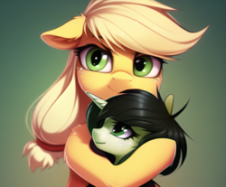 Size: 599x497 | Tagged: safe, derpibooru import, machine learning generated, applejack, oc, oc:anon filly, earth pony, unicorn, cute, female, filly, foal, hug, jackabetes