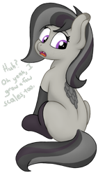 Size: 1080x1920 | Tagged: safe, artist:soctavia, derpibooru import, oc, oc only, oc:rocky karst, earth pony, hybrid, kirin, blank flank, clothes, cute, cute little fangs, dialogue, fangs, female, freckles, happy, looking back, open mouth, simple background, sitting, smiling, socks, solo, transparent background