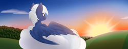 Size: 7456x2904 | Tagged: safe, artist:feather_bloom, derpibooru import, oc, oc:hazy hint, pegasus, pony, cloud, commission, detailed, detailed background, shading, sunset