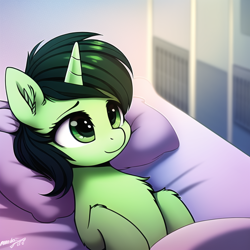 Size: 640x640 | Tagged: safe, derpibooru import, machine learning generated, oc, oc:anon filly, pony, unicorn, bed, female, filly, foal