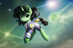 Size: 768x512 | Tagged: safe, derpibooru import, machine learning generated, oc, oc:anon filly, female, filly, foal, space, zero gravity