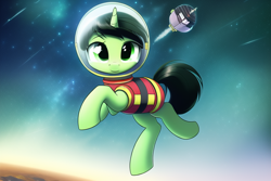 Size: 768x512 | Tagged: safe, derpibooru import, machine learning generated, oc, oc:anon filly, female, filly, foal, space, spacesuit