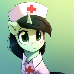 Size: 640x640 | Tagged: safe, derpibooru import, machine learning generated, oc, oc only, oc:anon filly, pony, unicorn, fanfic:trust once lost, female, filly, foal, gradient background, hat, looking at you, nurse, nurse hat, nurse outfit, solo