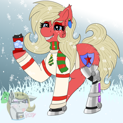 Size: 1200x1200 | Tagged: safe, artist:gray star, derpibooru import, oc, oc only, oc:scarlet star, cyborg, earth pony, pony, butt fluff, butt freckles, chest fluff, chocolate, christmas, christmas lights, clothes, cyberpunk, ear fluff, ear piercing, ears, female, fluffy, food, freckles, glasses, hearth's warming eve, holiday, hot chocolate, mare, nighthaze, piercing, scarf, snow, snowfall, solo, striped scarf, sweater, trans female, transgender, transgender oc, unshorn fetlocks