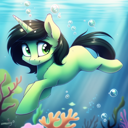 Size: 640x640 | Tagged: safe, derpibooru import, machine learning generated, oc, oc:anon filly, coral, female, filly, foal, underwater, water