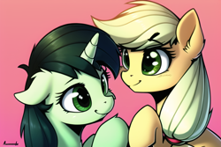 Size: 768x512 | Tagged: safe, derpibooru import, machine learning generated, applejack, oc, oc:anon filly, earth pony, unicorn, female, filly, foal, mare