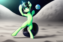 Size: 768x512 | Tagged: safe, derpibooru import, machine learning generated, oc, oc:anon filly, unicorn, dancing, equus, female, filly, foal, on the moon