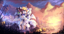 Size: 2587x1366 | Tagged: safe, artist:ramiras, derpibooru import, oc, oc only, pegasus, pony, unicorn, beach, beach umbrella, bench, chest fluff, city, ear fluff, ears, palm tree, tree, trio