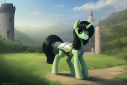 Size: 768x512 | Tagged: safe, derpibooru import, machine learning generated, oc, oc only, oc:anon-mare, pony, unicorn, armor, castle, complex background, female, mare, outdoors, plate armor, tower