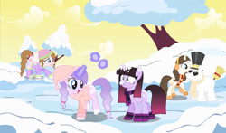 Size: 1280x753 | Tagged: safe, artist:cindystarlight, derpibooru import, oc, oc only, oc:flower heart, earth pony, pegasus, pony, unicorn, glowing, glowing horn, horn, magic, snow, snowball, snowball fight, snowman, telekinesis