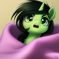 Size: 640x640 | Tagged: safe, derpibooru import, machine learning generated, oc, oc:anon filly, unicorn, blanket, female, filly, foal