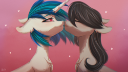 Size: 3840x2160 | Tagged: safe, artist:maybeweed, derpibooru import, dj pon-3, octavia melody, vinyl scratch, earth pony, pony, unicorn, blushing, cheek fluff, chest fluff, ear fluff, ears, eyes closed, female, floppy ears, fluffy, gradient background, heart, high res, imminent kissing, lesbian, looking at someone, mare, scratchtavia, shipping, simple background, smiling, tongue, tongue out