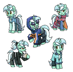 Size: 428x421 | Tagged: safe, artist:plunger, derpibooru import, lyra heartstrings, pony, unicorn, clothes, cute, female, hoodie, lyrabetes, mare, pants, scrunchie, shirt, simple background, sunglasses, vest, white background