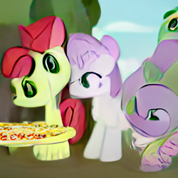 Size: 1024x1024 | Tagged: safe, artist:dall·e mini, derpibooru import, machine learning generated, apple bloom, spike, sweetie belle, dragon, earth pony, pony, unicorn, craiyon, dall·e mini, female, filly, foal, food, looking at something, male, outdoors, pizza, sitting, sweet apple acres, table, tree, trio, wat, what has science done, wrong eye color